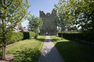 A walkway into the grounds of the abbey, with grass framing either side, and trees lining the walkway to the building