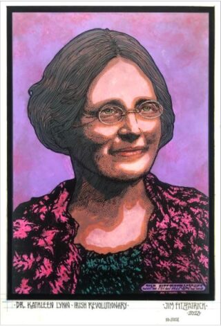 a coloured design of a woman with short brown hair, glasses, and a pink coloured cardigan.